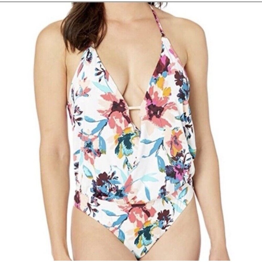 Bar III Swimsuit Small One Piece Fantastic Floral Plunging Neckline Cheeky